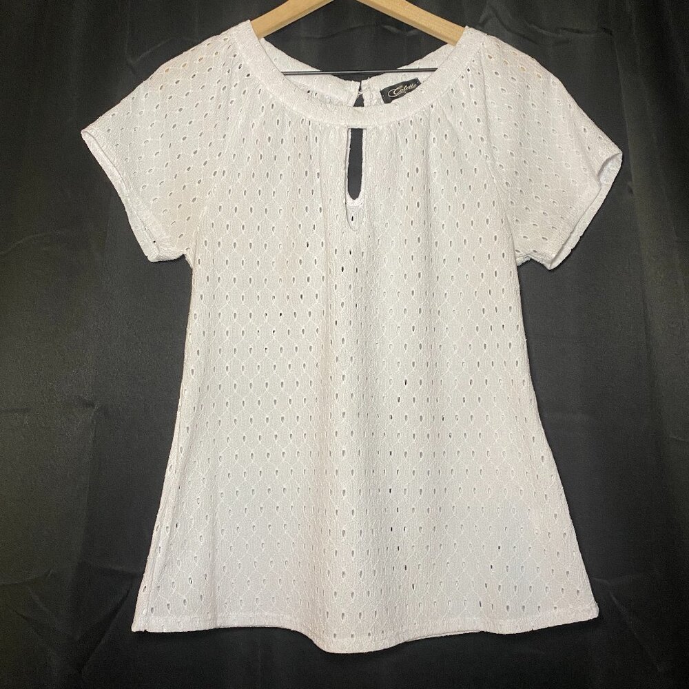 Colette Torrey Keyhole Knit Top Womens M White Eyelets Blouse Career Layer EUC